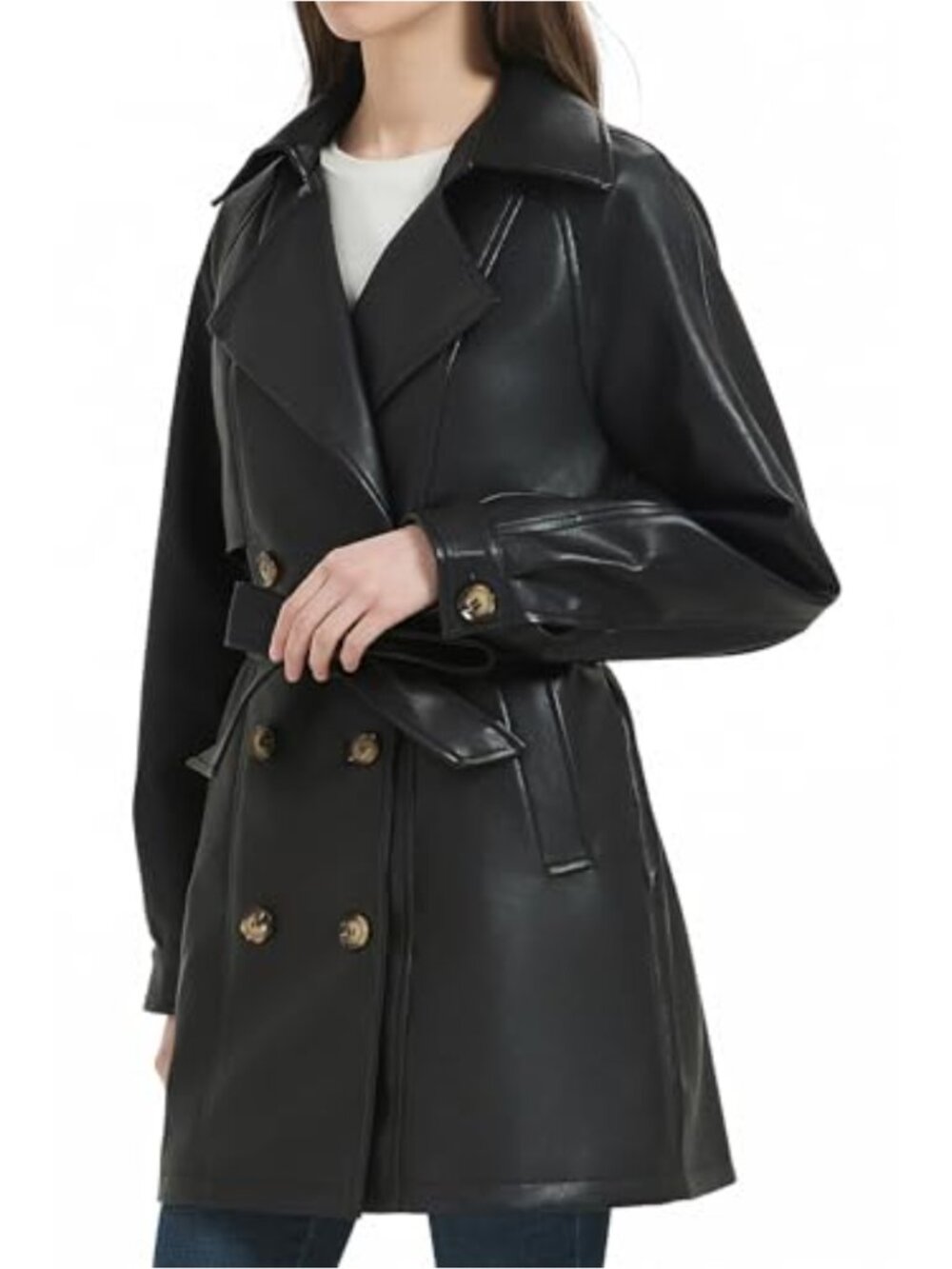 Women's Faux Leather Long Trench Coat Double-Breasted Relaxed Fit